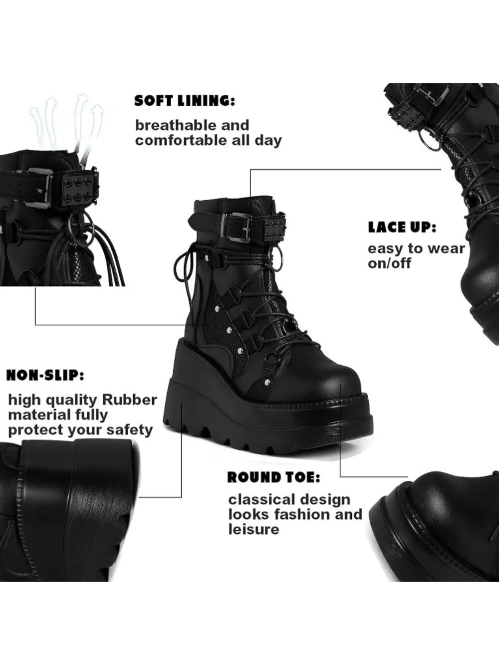 Women's Black Polyurethane Platform Chunky Stylish Lace Up Round Toe Ankle Boots